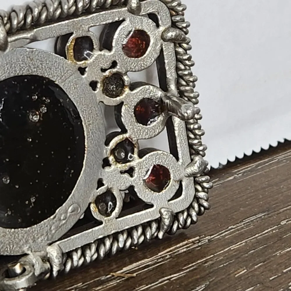 Vintage Rhinestone Black Enamel Inlay Shriners Masonic Silver Tone Belt Buckle